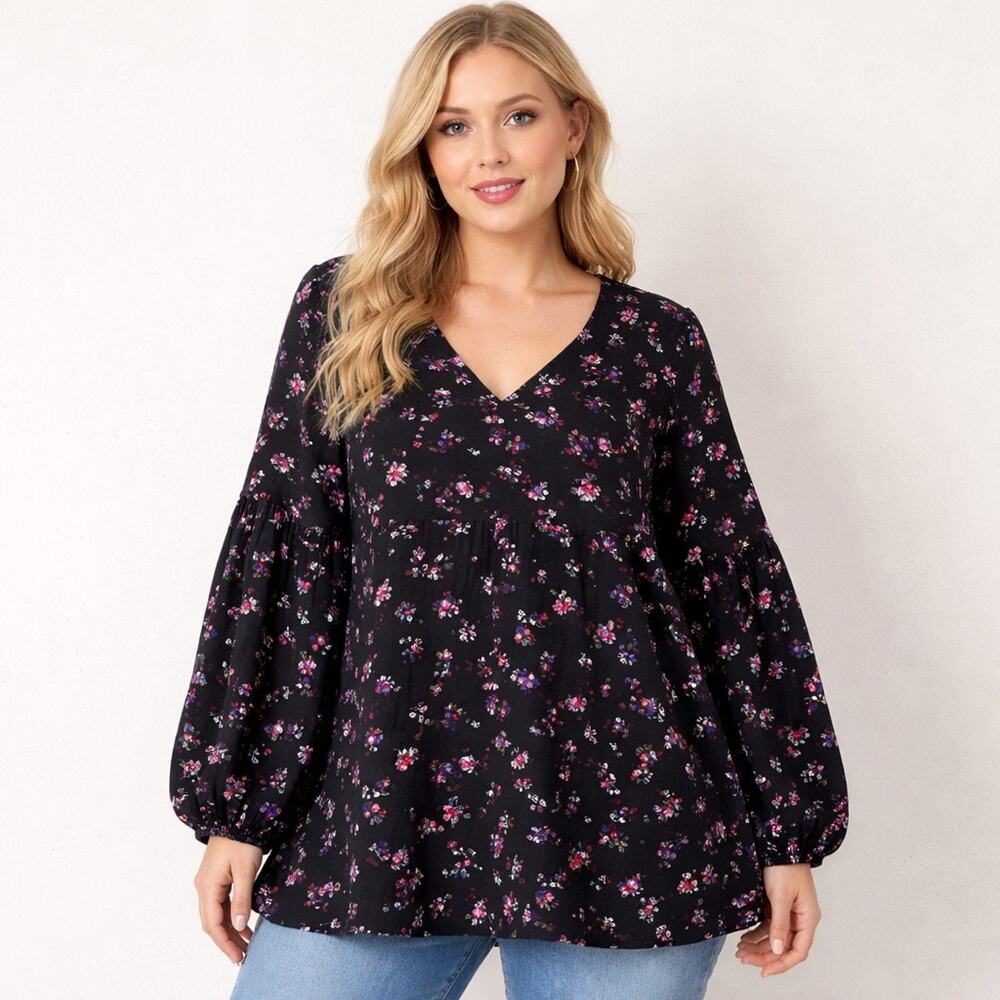 Lane Bryant Blouse Women’s 20 Black Pink Floral V-Neck Balloon Sleeves Peasant